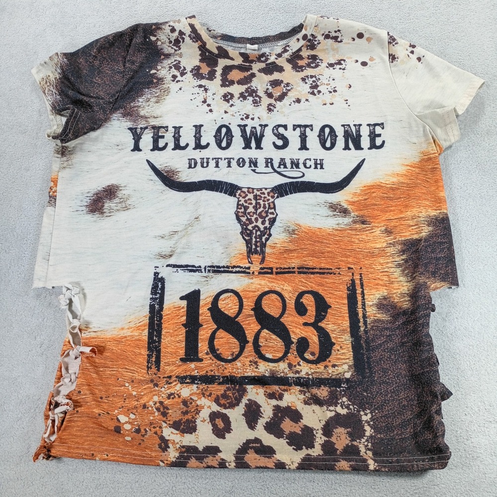 Yellowstone Womens Dutton Ranch 1883 Tee Brown Leopard Cowhide Print Distressed